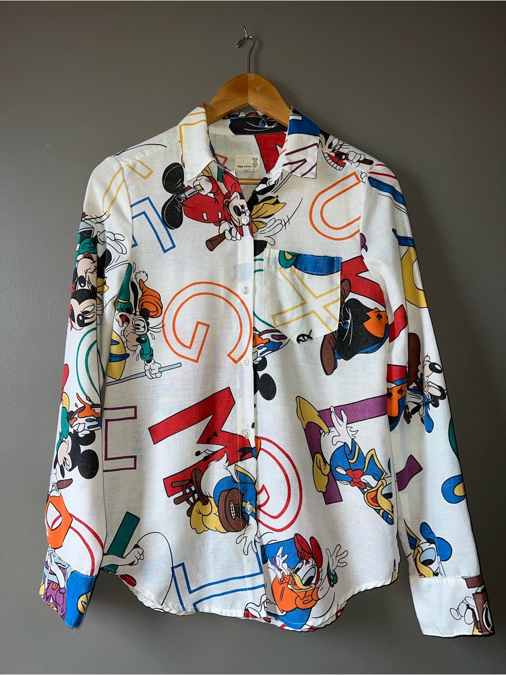 Women’s Urban Renewal Upcycled White Disney Cartoon Print Button-Up Shirt